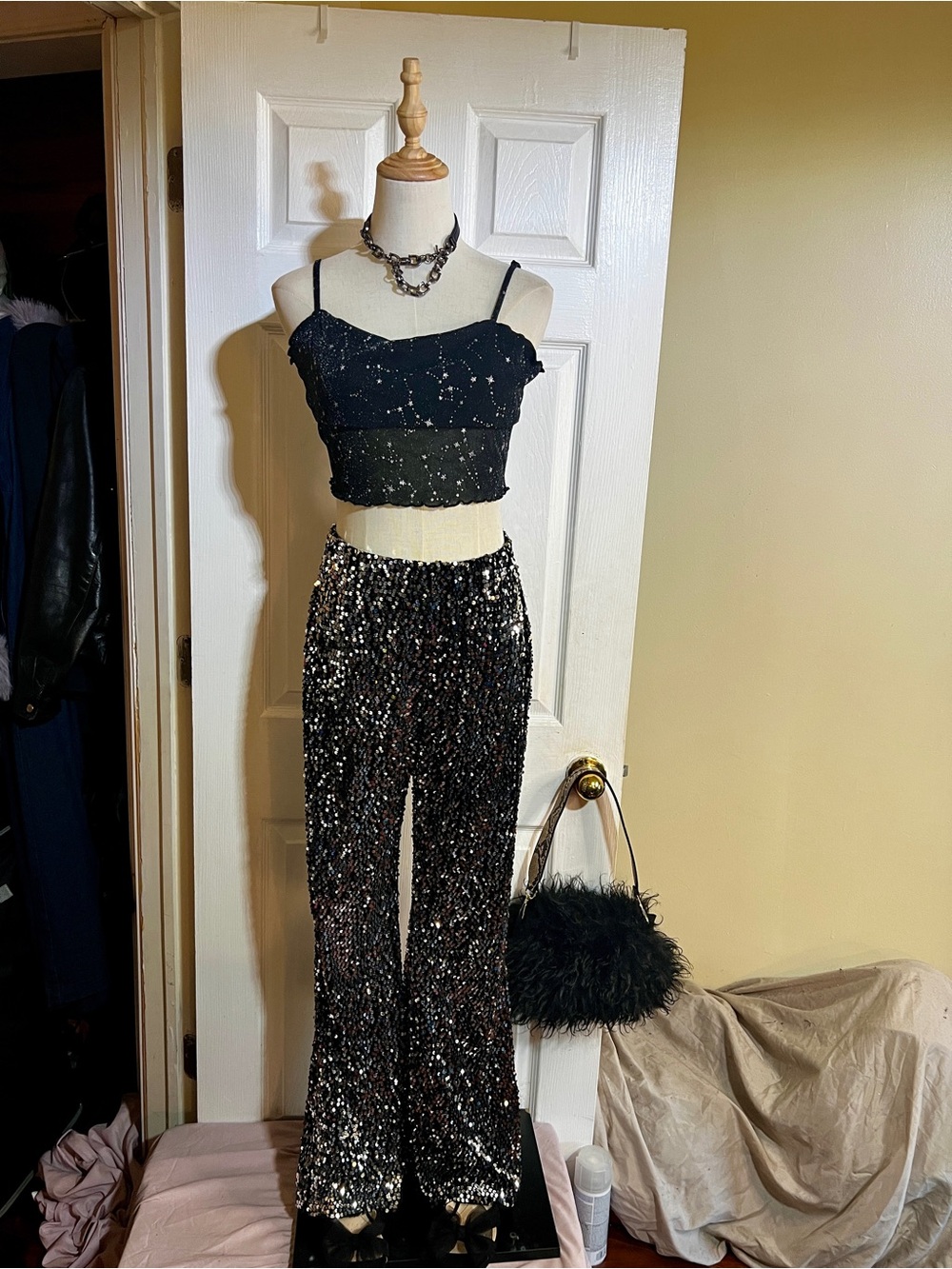 Women’s Rave Festival Glam Edit Bundle Sheer Star Top Sequin Boho Flare Pants  L